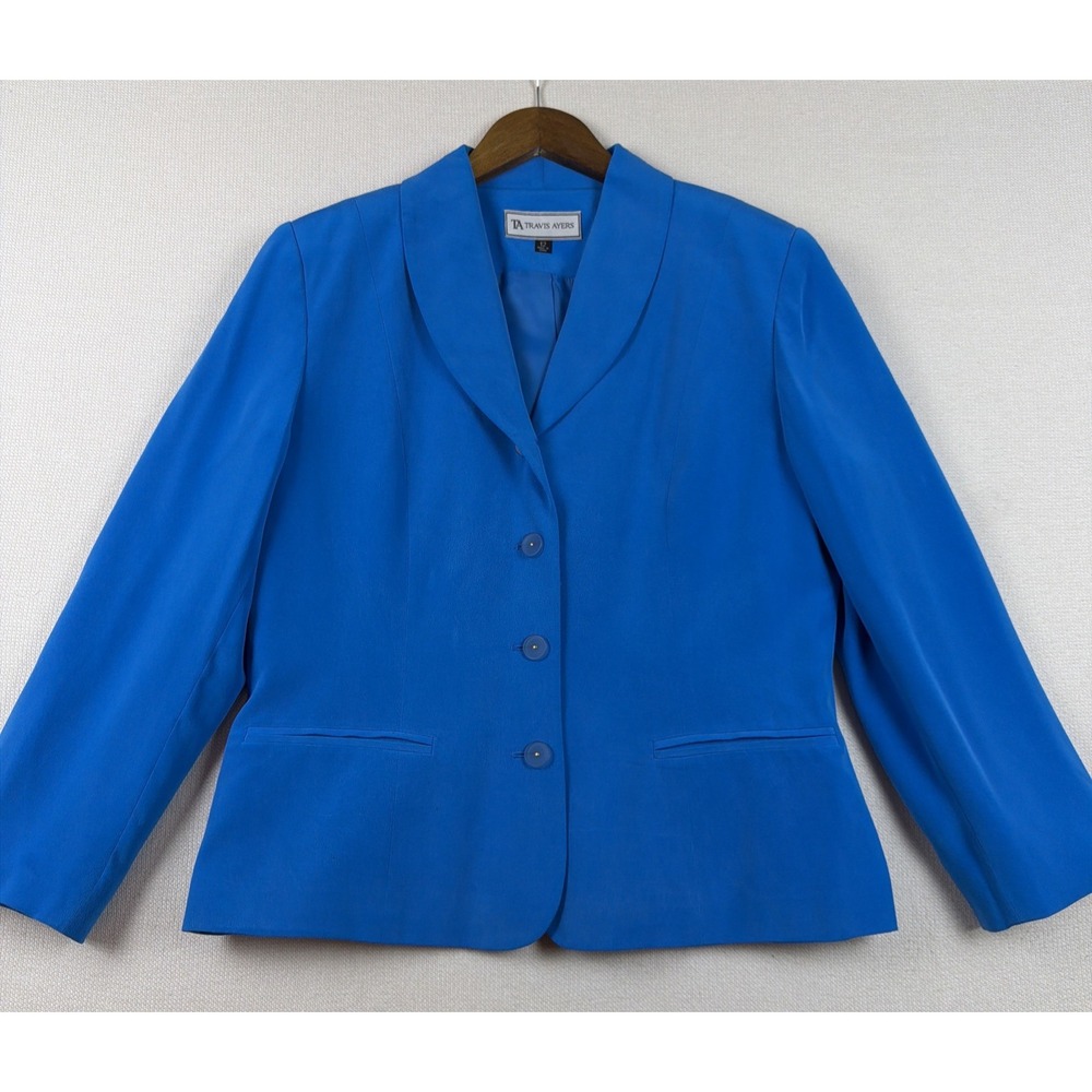 VTG Travis Ayers Lined Blazer Size 12 Blue 100% Silk Shawl Collar Career Social